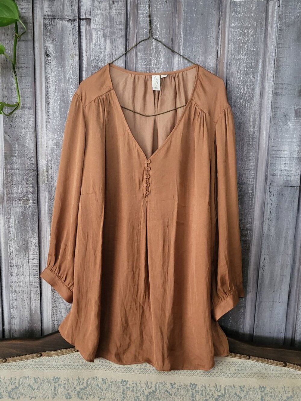 Joie Cognac Terracotta V-Neck Button Henley Blouse Tunic Top Size 2X